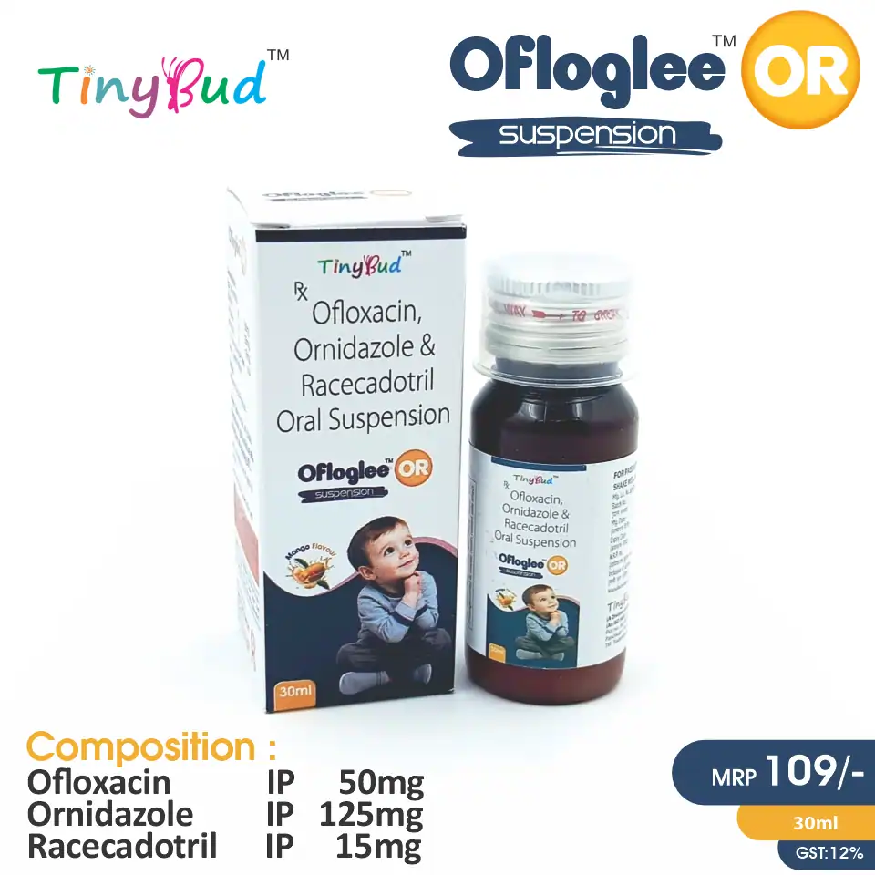 Ofloxacin  + Ornidazole  + Racecadotril  Suspension at the best price in PCD Pharma Franchise for Antibiotic, Gastrointestinal Infection, and Diarrhea Control.